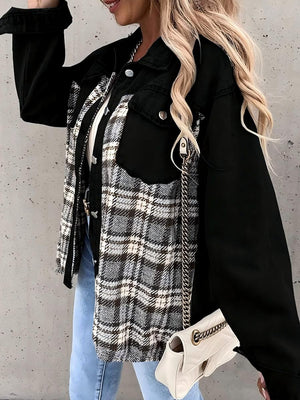Long Sleeve Plaid Splicing Fasten Denim Jackets
