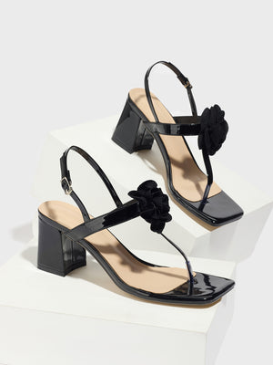 Black 3D Floral Flip-flop High-heeled Sandals
