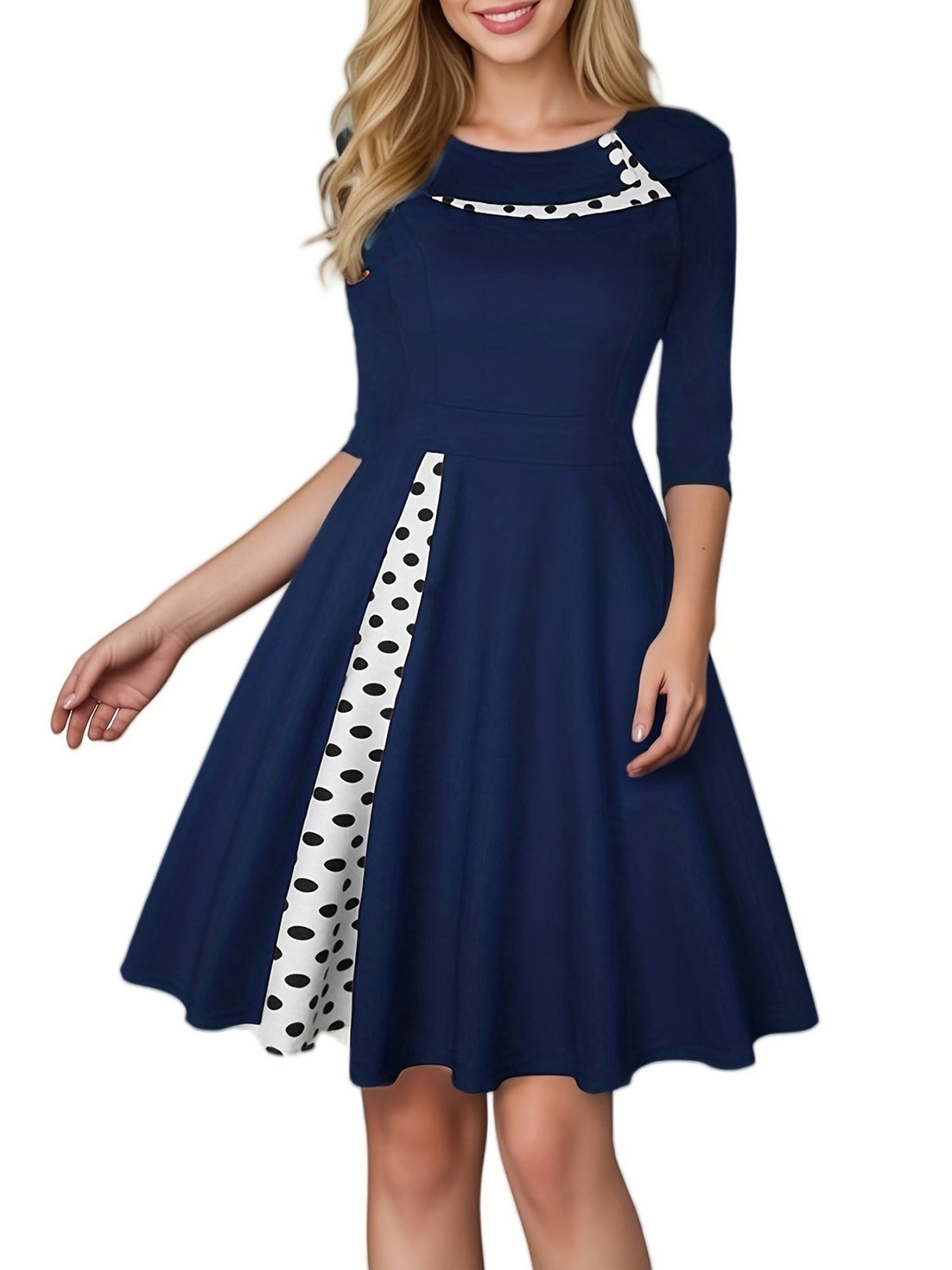 Christmas Polka Dots Splicing Retro Lapel Three-quarter Sleeves Midi Dresses