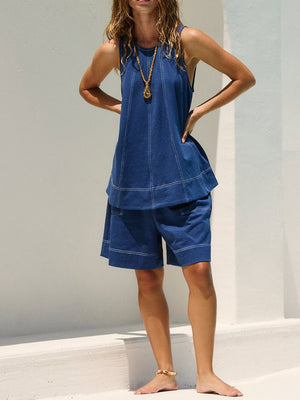 Pocket Sleeveless Tank Tops Shorts Denim Set 2-piece Sets