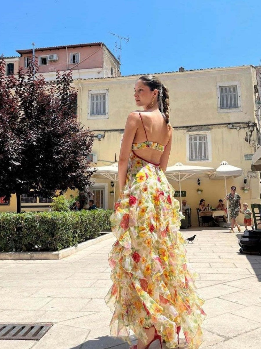 Floral Print Halter Dress With Ruffled Trim