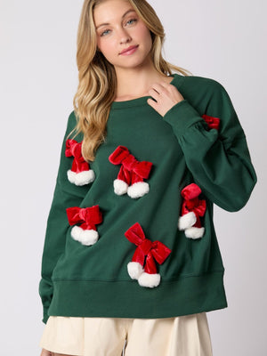 Christmas Bow Decorated Top Casual Long Sleeve Pullover Sweatshirt