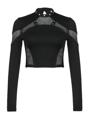 Y2K Hollow Out Grid Splicing Long-sleeved T-shirt