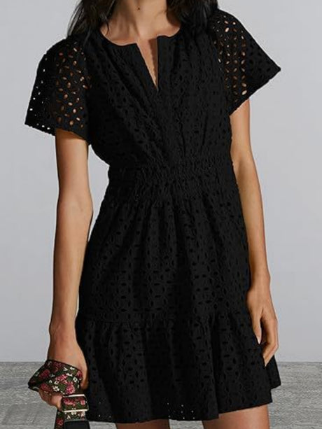Lace Cutout V-neck Short Sleeve A-line Short Dress