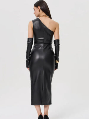 PU Leather Off-shoulder Wrap Pleats Are Sexy Bodysuit With Slits Midi Dresses