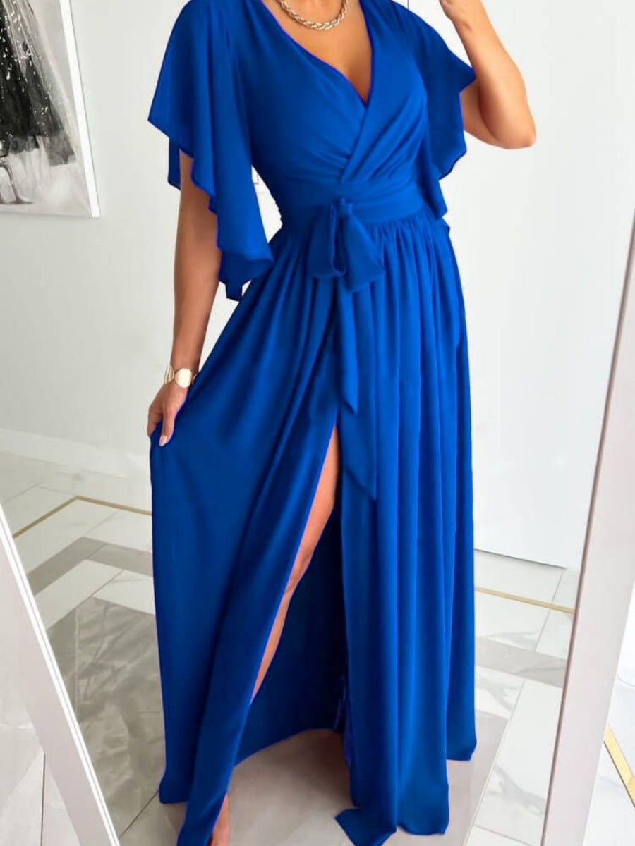 Tie-up Ruffle Sleeves V-neck Slit Elegant Cocktail Party Long Evening Dress
