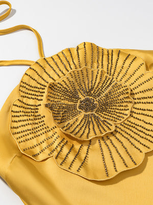 Rhinestone 3D Flower Halter Neck And Backless Satin Maxi Dresses