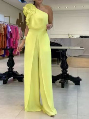 3D Flowers Chiffon Sloping Shoulders Jumpsuits