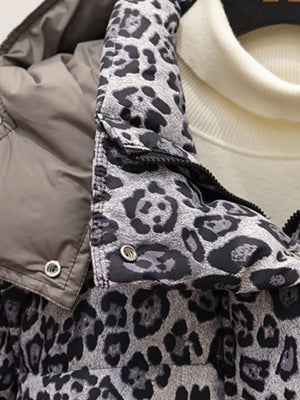 Detachable Pocket Leopard Bread Loose Short Hooded Zippered Cotton Jacket