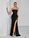 Fitted Strapless Serrated Long Dress With Sequins