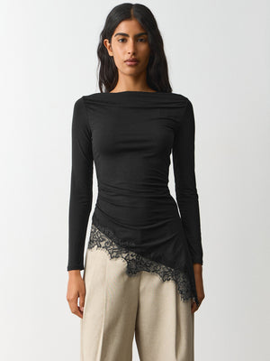 New Women's Simple Solid Color Design, Lace Trim And Slits At The Hem, Slim Fit Long Sleeve Top