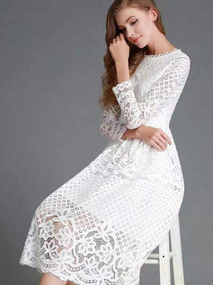 Round Neck Lace Long Sleeve Slim Midi Dress