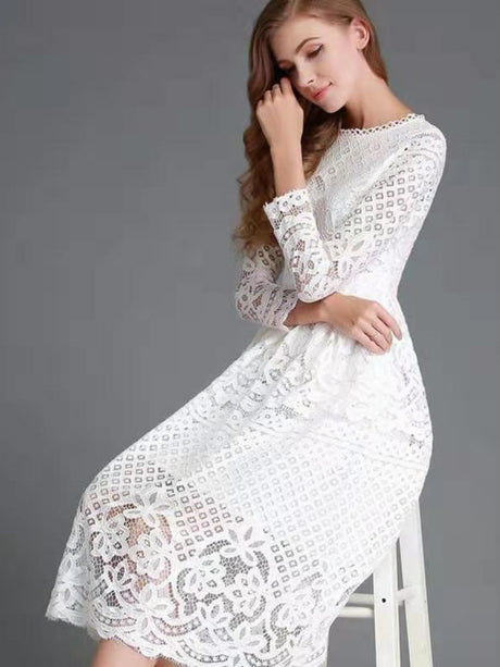Round Neck Lace Long Sleeve Slim Midi Dress