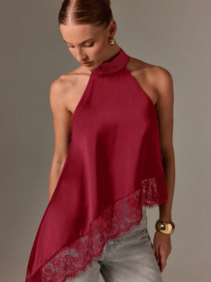 Halter Neck Lace Irregular Hem Spaghetti Strap
