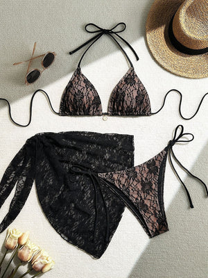 Lace Mesh Mini Skirt Swimsuit Bikini Three-Piece Set