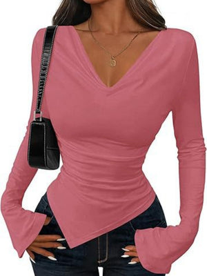 V-neck Asymmetrical Hem Slim Fit Slimming Stack Collar Basic T-shirts