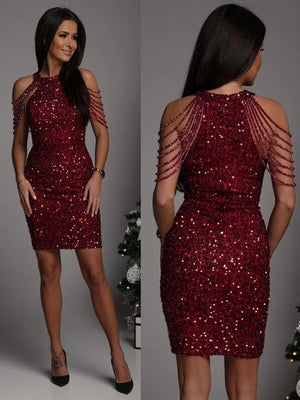 Halter Neck, Off-shoulder, Tassel, Bodycon, Crystal-trimmed Sequined Short Dress