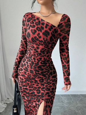 Long-sleeved, Slim-fit Leopard Print Drawstring Bodycon Top Mini&Short Dresses