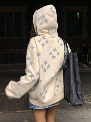 Old Star Print Zippered Loose Hooded Sweatshirt