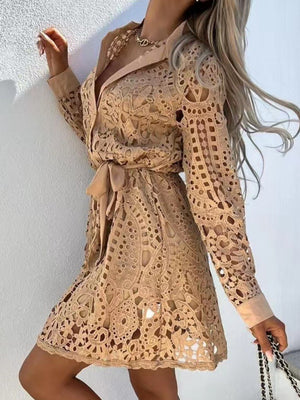 Lace Cutout Lace Up Long Sleeves Mini&Short Dresses