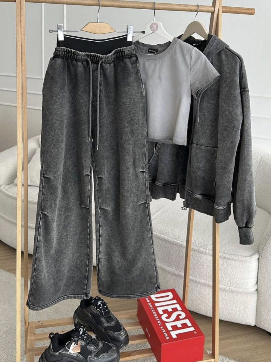Liber Autumn women's distressed clothing Lace-up washed straight-leg trousers