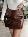 A Spread Fork Hip-hugging High Waist PU Leather Bright Surface Leisure Workplace Skirt