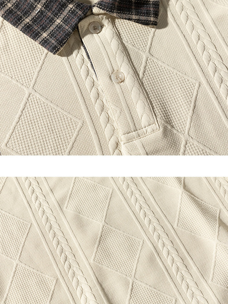 Knitted Jacquard Contrasting Colors Plaid Lapel Polo Shirt