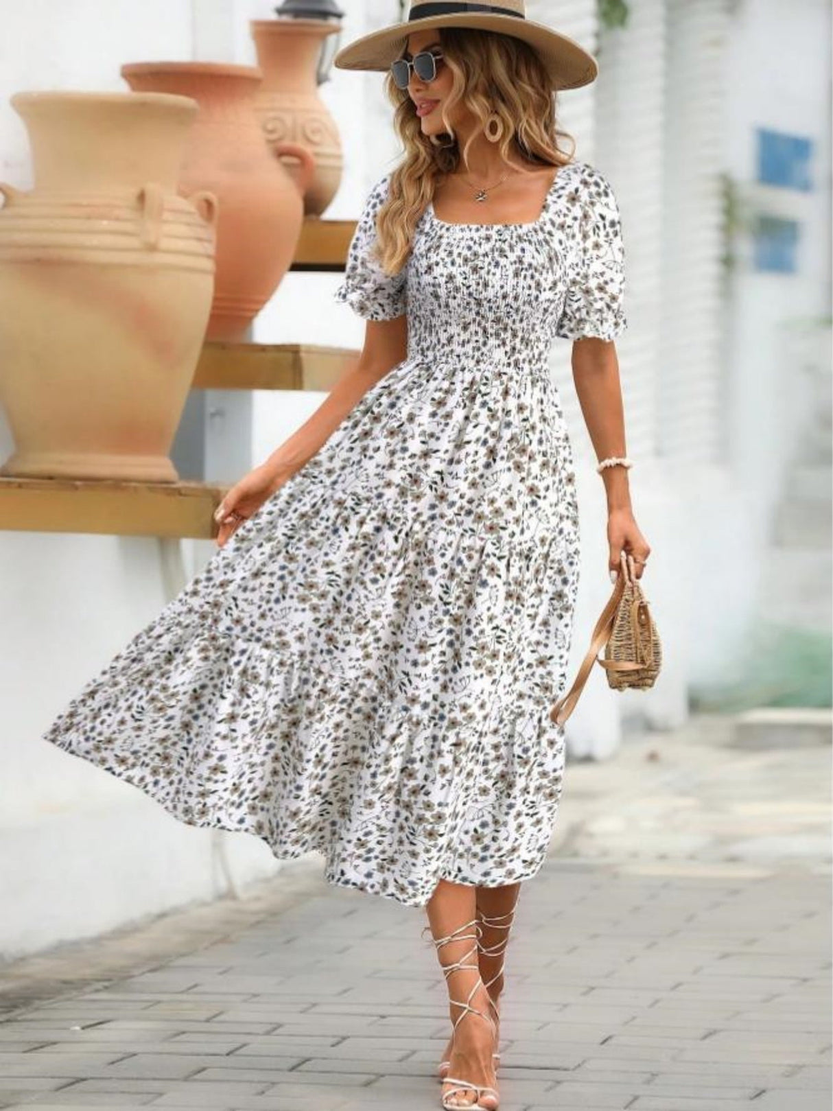 Floral Print Square Neckline And Puff Sleeves Maxi Dresses
