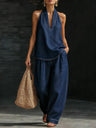 Vintage Distressed Washed Denim Sleeveless Top And Loose-fitting Trousers Two-piece Set