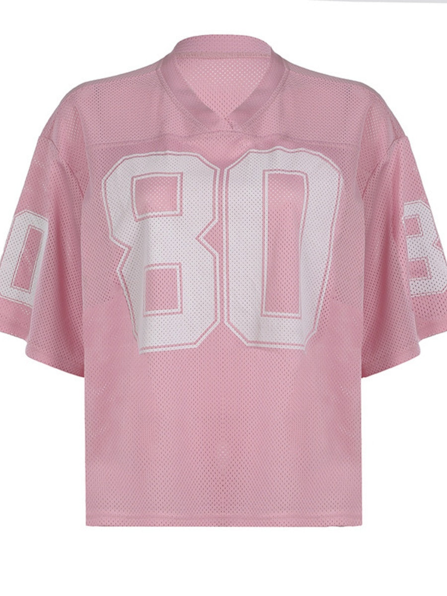 Contrasting Colors Number V-neck, Loose, Casual Basic T-shirts