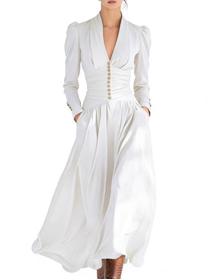 V-neck Puff Sleeve Long-sleeved Midi Dress
