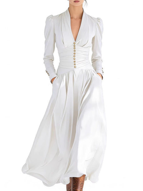 V-neck Puff Sleeve Long-sleeved Midi Dress