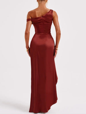 Asymmetrical Satin Shoulder Design With A Cinched Waist Solid Color Maxi Dresses
