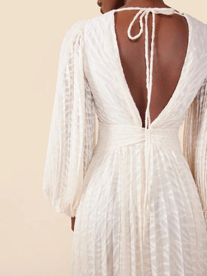 V-neck Textured Fabric Grace White Loose Cocktail Party Lawn Party Maxi Dresses