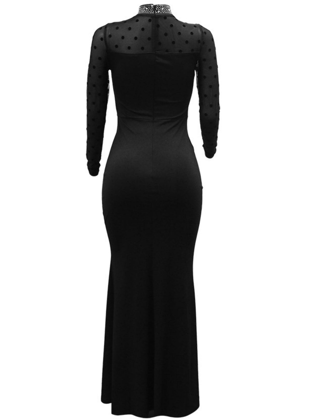 Robe maxi brillante de soirée à manches longues en résille ornée de strass thermocollants, fendue et cintrée à la taille