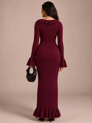 U-neck French Long-sleeved Simple Ruffled Knit Maxi Dress