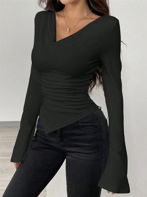 V-neck, Off-shoulder, Two-way Design, Slim Fit, Pleated, Irregular Long-sleeved T-shirt