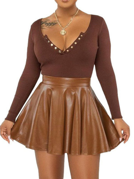PU High-waisted Umbrella Skirt