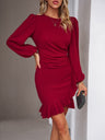 Christmas Puff Sleeve Ruffle Pure Color Mini&Short Dresses