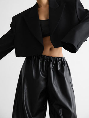 Drawstring Ankle Lantern Pants Loose Leather Pants PU Leather Trousers