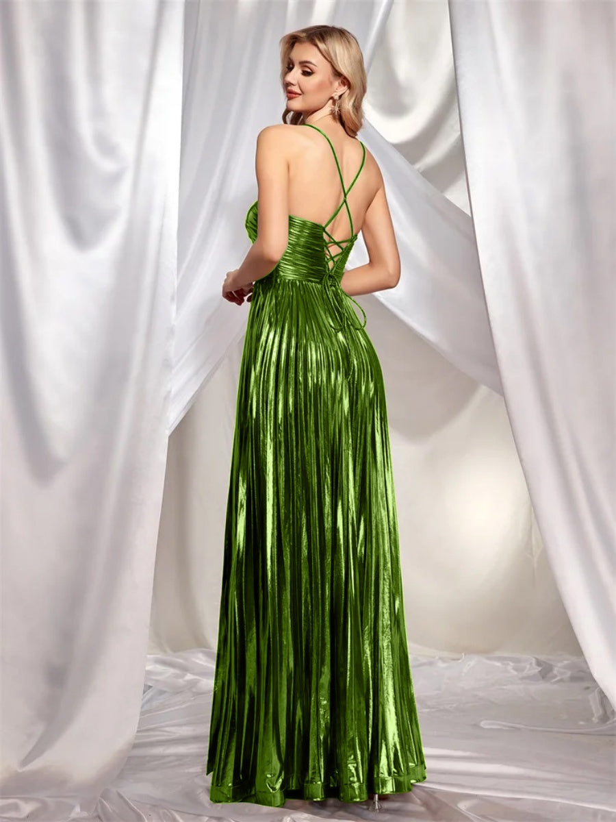 Metallic Strapless Style Crimp Slit Thin Strap Sleeveless Backless Cocktail Party Parties Formal Dress Long Dress