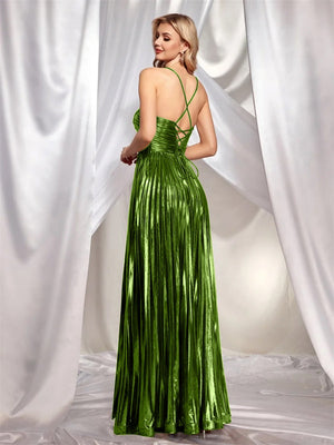 Metallic Strapless Style Crimp Slit Thin Strap Sleeveless Backless Cocktail Party Parties Formal Dress Long Dress