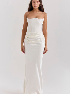 Strapless Satin Fishbone Decoration Crimp Splicing Hip-hugging Dinner Cocktail Midi Dress