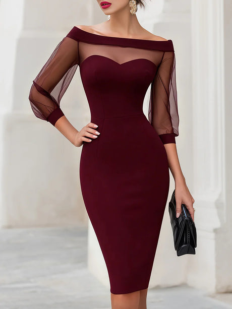 Off-the-shoulder Mesh-paneled Fitted Midi Dress
