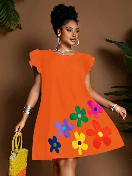 Floral Print Round Neck And Flutter Sleeves Mini&Short Dresses