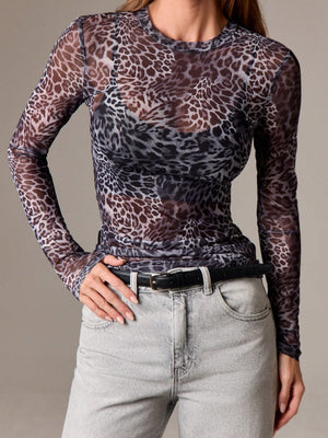 Pullover Mesh Round Neck Leopard Printed Slim Fit Slimming T-shirt Mesh/sheer Top