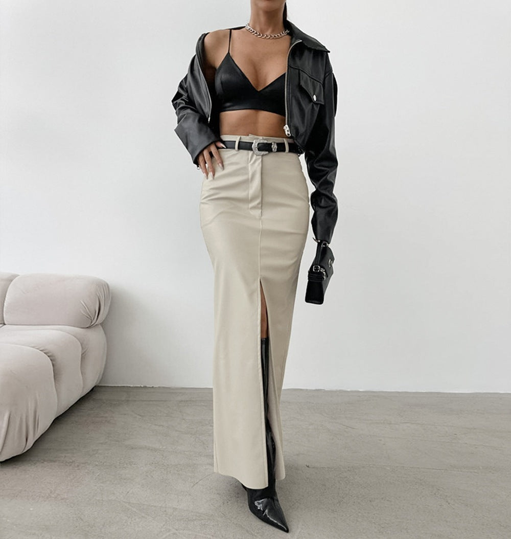 Slit Solid Color High Waist Simple Leather Slim Fit Midi Skirt