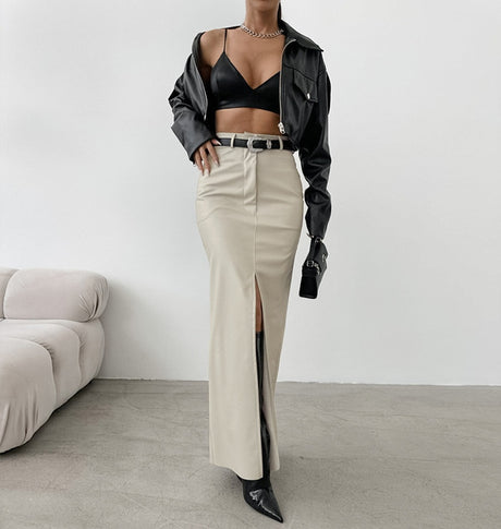 Slit Solid Color High Waist Simple Leather Slim Fit Midi Skirt