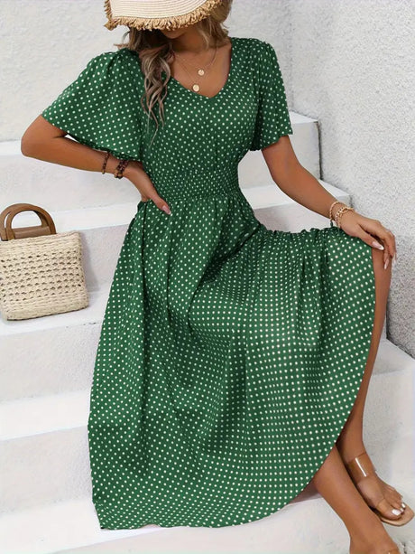 Polka Dots V-neck Waist Shaping Short Sleeves Maxi Dresses