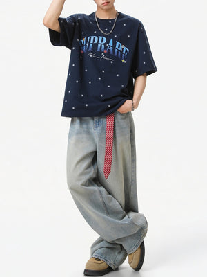 Full Stars Color-blocked Letter Printed T-shirts